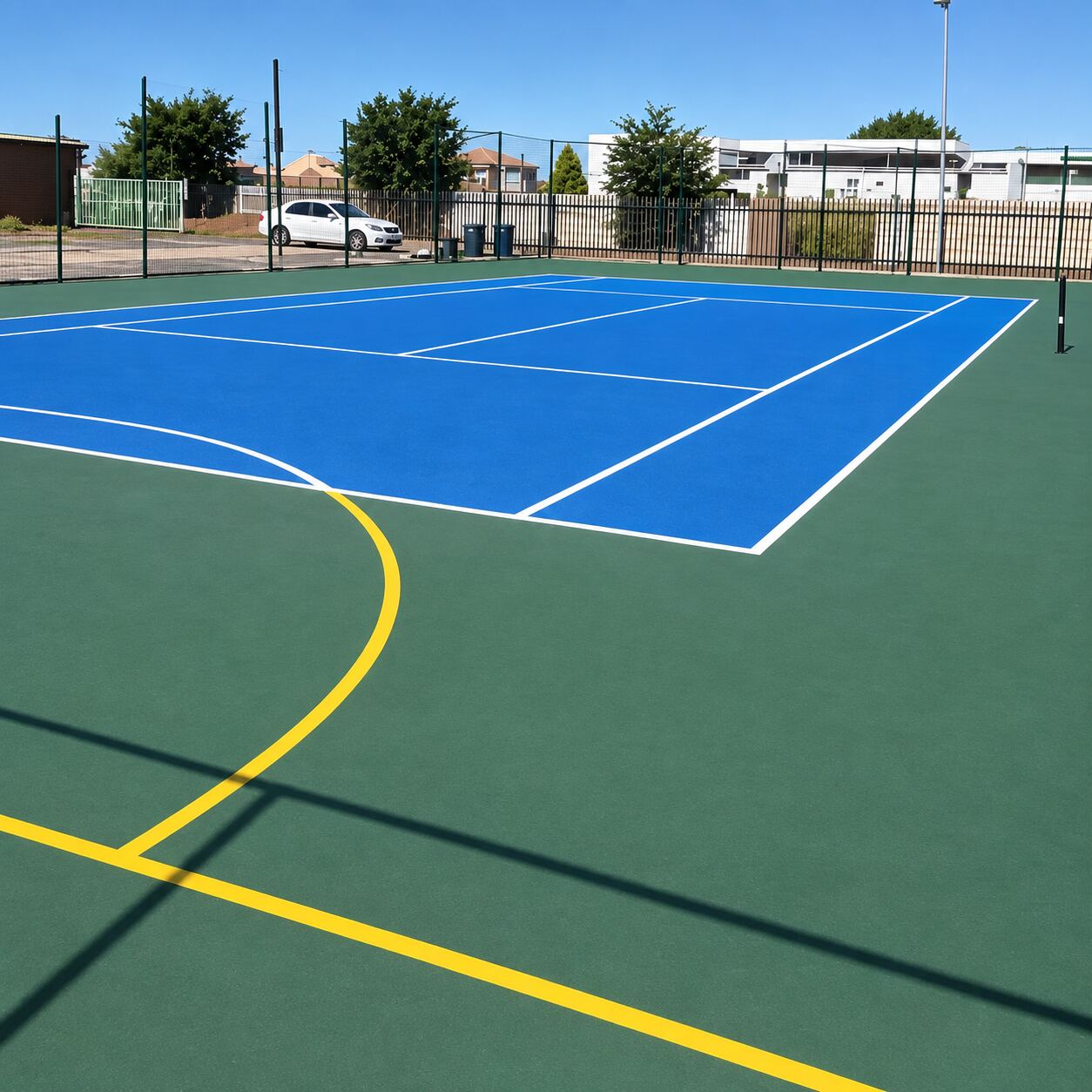 Netball and basketball court surface being painted