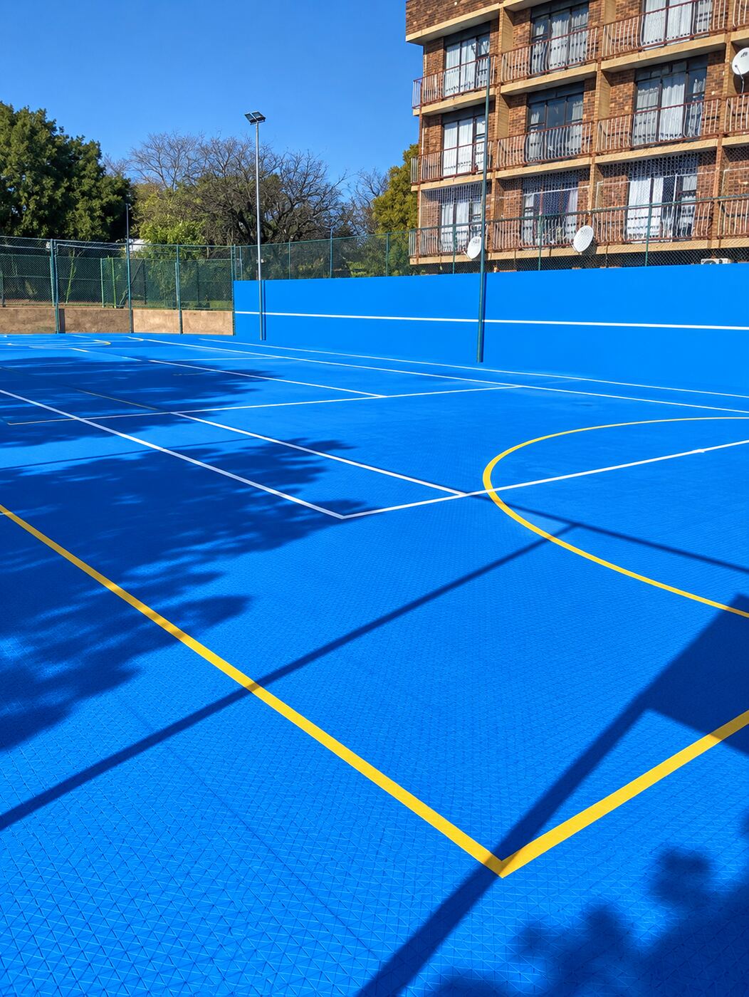 Green netball court surrounded by trees