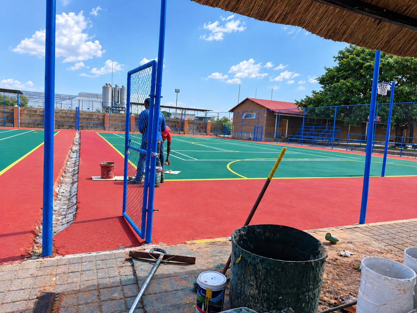 Blue and green tennis court with line marking